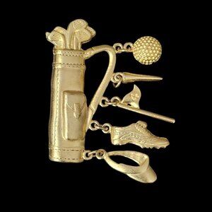 JJ Jonette Vintage Gold Tone Golf Club Bag Ball Pin Flag Shoe Hat Brooch Pin